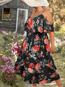 SHEIN Clasi Vestido con estampado floral de hombros descubiertos ribete con fruncido - Multicolor - Ver 3