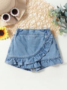 SHEIN Falda corta/short de mezclilla con detalles de volantes, ideal para festividades y uso diario para niñas jóvenes - Azul lavado medio - Ver 1