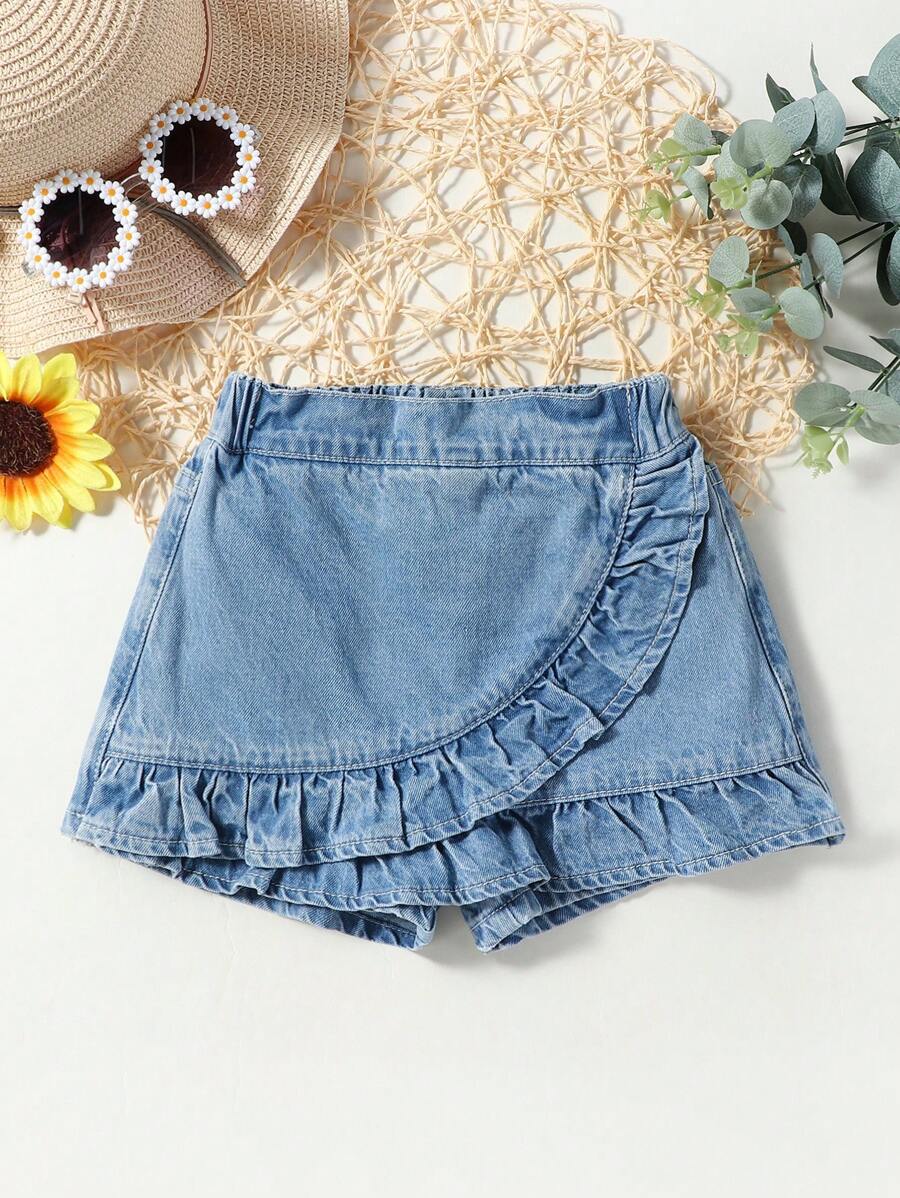 SHEIN Falda corta/short de mezclilla con detalles de volantes, ideal para festividades y uso diario para niñas jóvenes - Azul lavado medio - Ver 1
