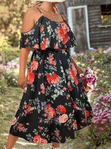 SHEIN Clasi Vestido con estampado floral de hombros descubiertos ribete con fruncido - Multicolor - Ver 4