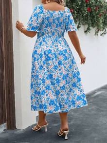 SHEIN Franclia Đầm Plus Size Tách cao Thắt nơ trước Hoa Tất cả trên in Boho - Màu xanh lam - Xem 2