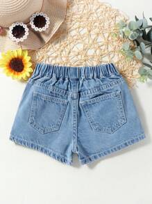 SHEIN Falda corta/short de mezclilla con detalles de volantes, ideal para festividades y uso diario para niñas jóvenes - Azul lavado medio - Ver 2