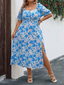 SHEIN Franclia Đầm Plus Size Tách cao Thắt nơ trước Hoa Tất cả trên in Boho - Màu xanh lam - Xem 3