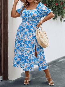 SHEIN Franclia Đầm Plus Size Tách cao Thắt nơ trước Hoa Tất cả trên in Boho - Màu xanh lam - Xem 4