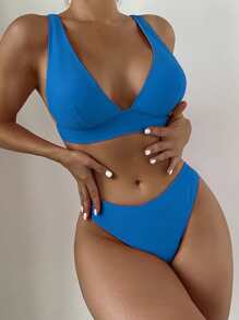 Plain V Neck Bikini Set For Summer Beach - Blue - View 1