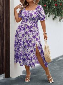 Breezaya 大碼印花泡泡袖高衩連衣裙 - 紫色 - 查看 1
