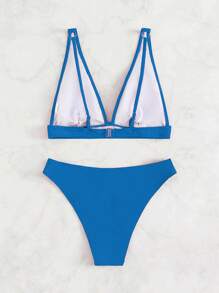 Plain V Neck Bikini Set For Summer Beach - Blue - View 2