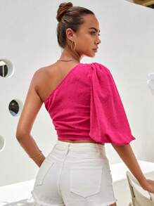 SHEIN VCAY Swiss Dot One Shoulder Puff Sleeve Crop Blouse - Hot Pink - View 2