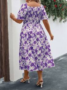 Breezaya 大碼印花泡泡袖高衩連衣裙 - 紫色 - 查看 2