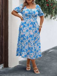 SHEIN Franclia Đầm Plus Size Tách cao Thắt nơ trước Hoa Tất cả trên in Boho - Màu xanh lam - Xem 7