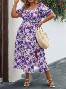 Breezaya 大碼印花泡泡袖高衩連衣裙 - 紫色 - 查看 4