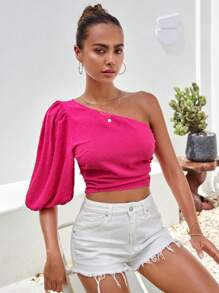 SHEIN VCAY Swiss Dot One Shoulder Puff Sleeve Crop Blouse - Hot Pink - View 4