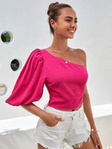 SHEIN VCAY Swiss Dot One Shoulder Puff Sleeve Crop Blouse - Hot Pink - View 5