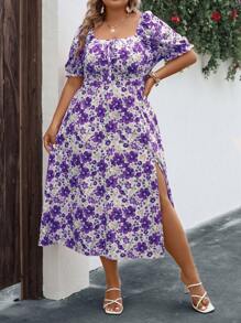 Breezaya 大碼印花泡泡袖高衩連衣裙 - 紫色 - 查看 6
