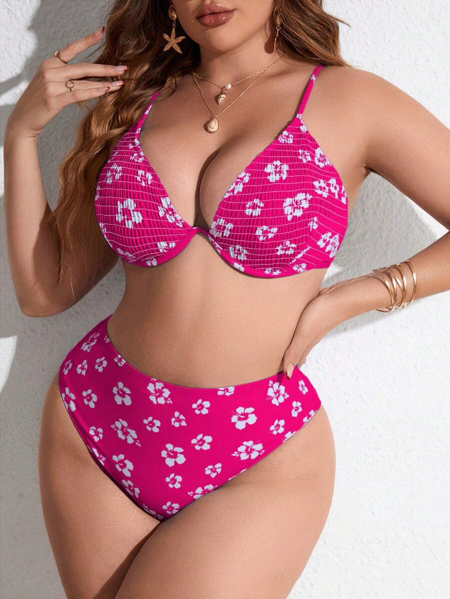 SHEIN Swim Curve Plus Size Floral Print Underwire Bikini Set Summer Beach - Hot Pink - View 1