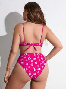 SHEIN Swim Curve Plus Size Floral Print Underwire Bikini Set Summer Beach - Hot Pink - View 2