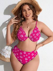 SHEIN Swim Curve Plus Size Floral Print Underwire Bikini Set Summer Beach - Hot Pink - View 3