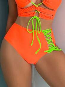 Đi biển mùa hè Phối ren lưng cao tương phản neon Viền Bikini Áo tắm - trái cam - Xem 1