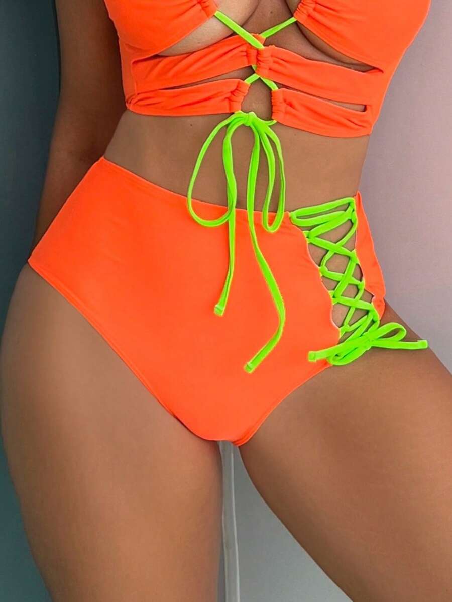 Đi biển mùa hè Phối ren lưng cao tương phản neon Viền Bikini Áo tắm - trái cam - Xem 1