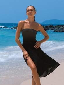Bikinx Solid Color Patchwork V-Neck Semi-Transparent Cover Up Skirt With Slit Summer - Black - View 1