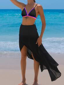 Bikinx Solid Color Patchwork V-Neck Semi-Transparent Cover Up Skirt With Slit Summer - Black - View 3