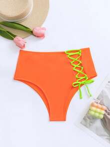 Đi biển mùa hè Phối ren lưng cao tương phản neon Viền Bikini Áo tắm - trái cam - Xem 3