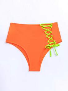 Đi biển mùa hè Phối ren lưng cao tương phản neon Viền Bikini Áo tắm - trái cam - Xem 4