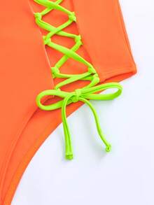 Đi biển mùa hè Phối ren lưng cao tương phản neon Viền Bikini Áo tắm - trái cam - Xem 6