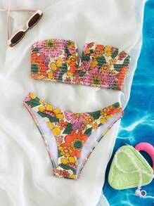 SHEIN 印花打褶抹胸比基尼泳裝 - 彩色 - 查看 2