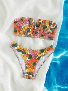 SHEIN 印花打褶抹胸比基尼泳裝 - 彩色 - 查看 6