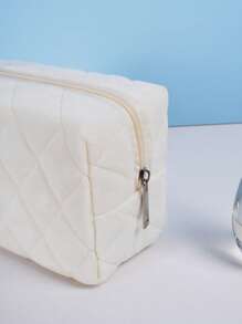 1pc Plush Square Plaid Plush Large Capacity Portable Makeup Bag Cute Fluffy Simple Bag For Women Girls,Gifts For Women,Christmas Gifts,Gift Ideas For Women - Beige - View 5