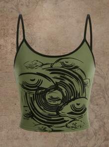 Eyes Graphic Contrast Binding Cami Top - Army Green - View 1