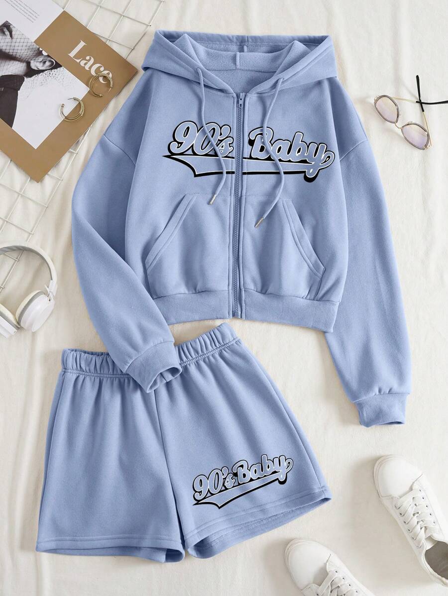 INAWLY 字母圖案拉鏈開襟抽繩加絨內裏連帽衫和短褲 - 淺藍色 - 查看 1