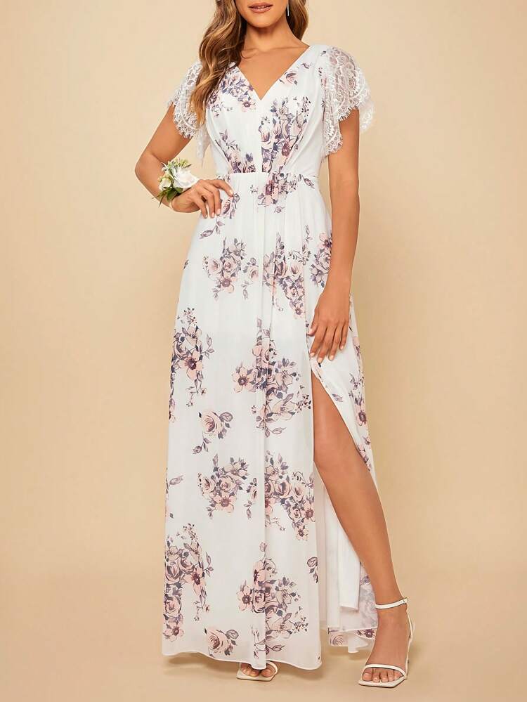 Floral Print Butterfly Sleeve Split Thigh Bridesmaid Dress
