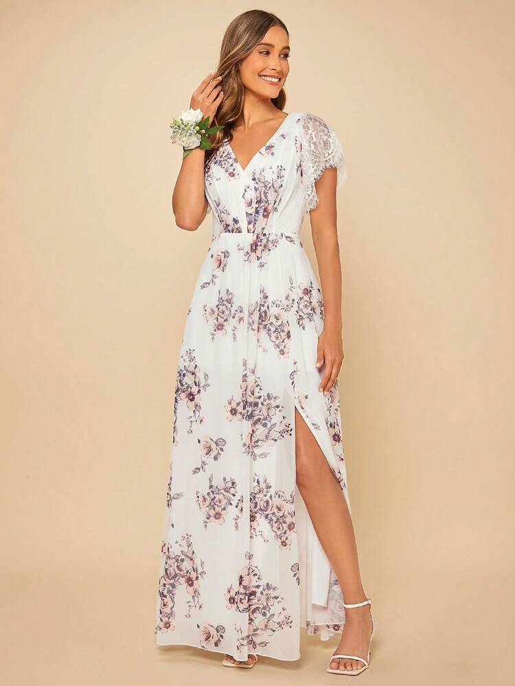 Floral Print Butterfly Sleeve Split Thigh Bridesmaid Dress
