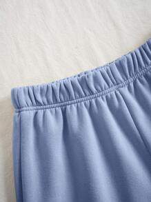 INAWLY 字母圖案拉鏈開襟抽繩加絨內裏連帽衫和短褲 - 淺藍色 - 查看 4