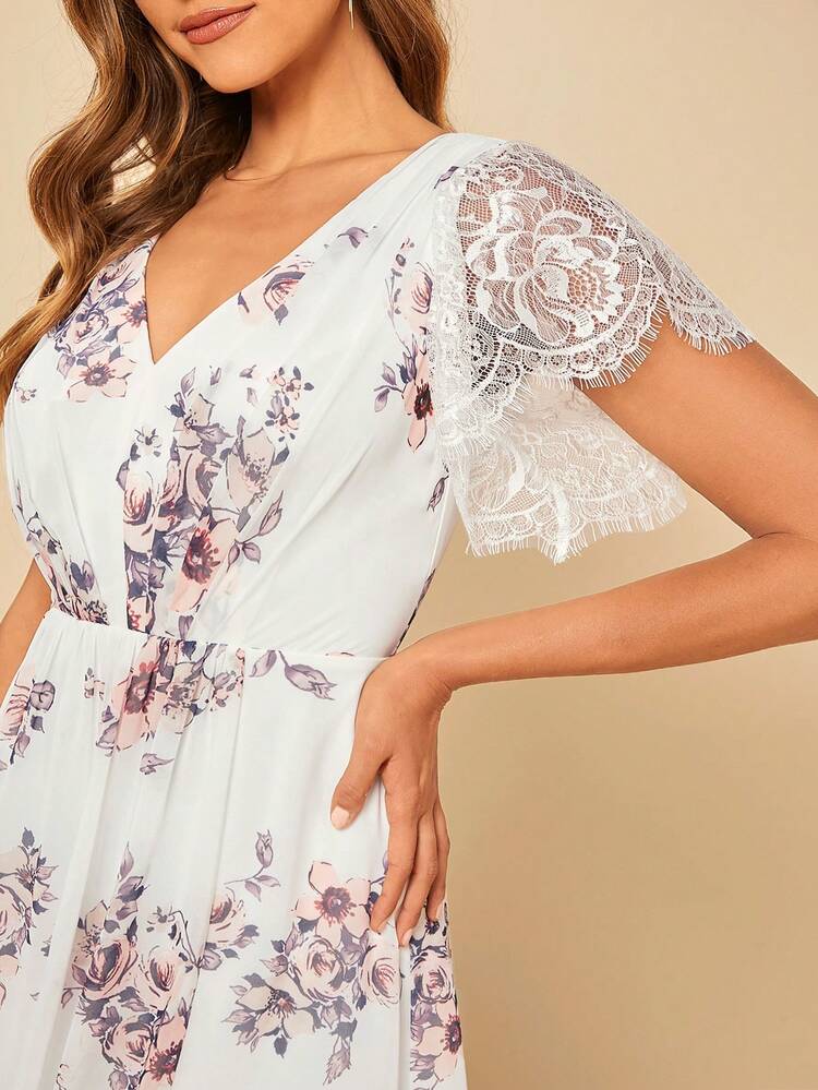 Floral Print Butterfly Sleeve Split Thigh Bridesmaid Dress