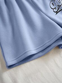 INAWLY 字母圖案拉鏈開襟抽繩加絨內裏連帽衫和短褲 - 淺藍色 - 查看 6