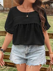 SHEIN LUNE 大碼圓點蕾絲拼接蝙蝠袖襯衫 - 黑色 - 查看 1