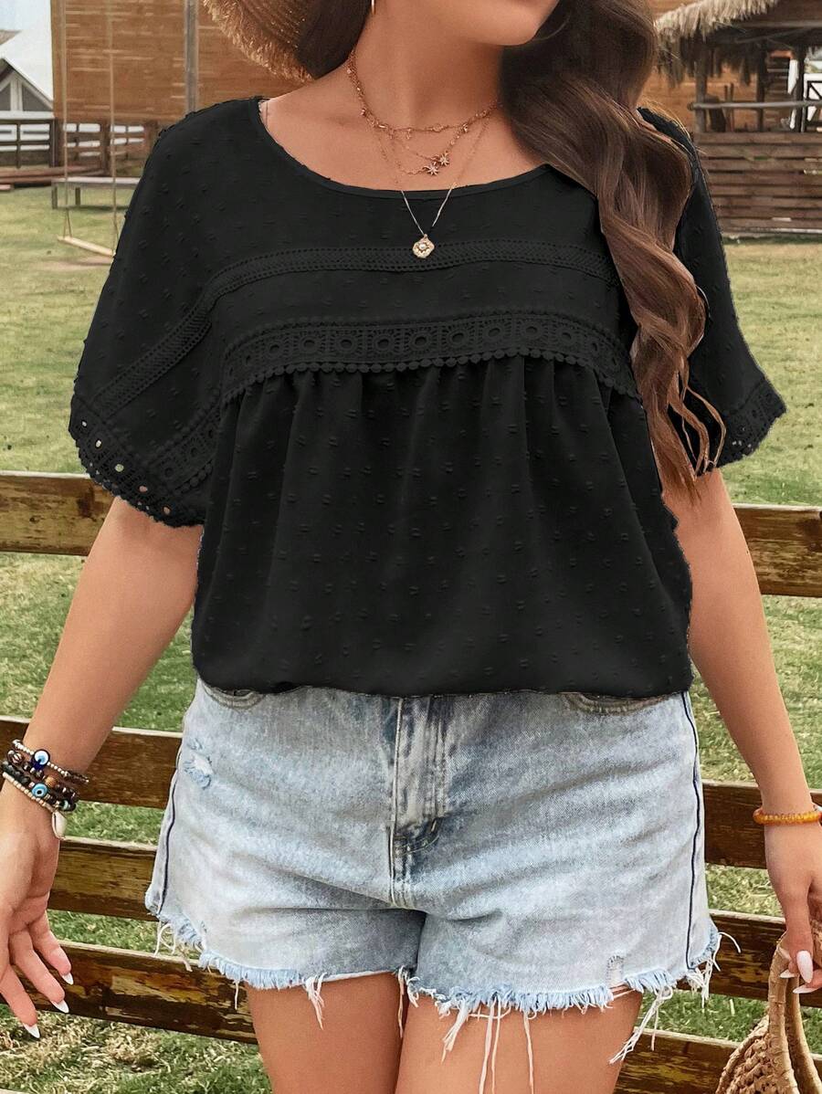 SHEIN LUNE 大碼圓點蕾絲拼接蝙蝠袖襯衫 - 黑色 - 查看 1