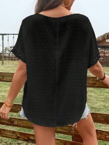 SHEIN LUNE 大碼圓點蕾絲拼接蝙蝠袖襯衫 - 黑色 - 查看 2