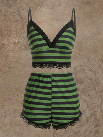 Striped Contrast Lace Cami Top & Shorts