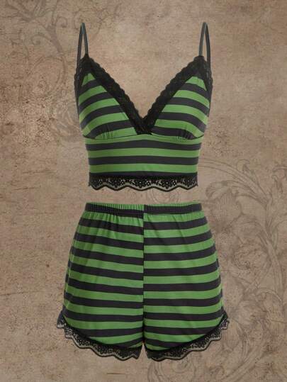 Striped Contrast Lace Cami Top & Shorts