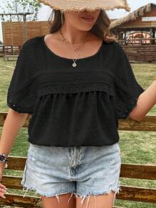 SHEIN LUNE 大碼圓點蕾絲拼接蝙蝠袖襯衫 - 黑色 - 查看 3