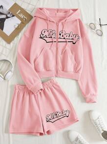 INAWLY Letter Graphic Zip Up Drawstring Thermal Lined Hoodie & Shorts - Baby Pink - View 1