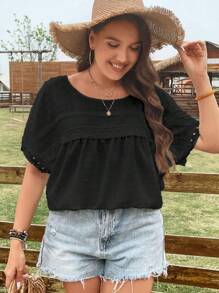 SHEIN LUNE 大碼圓點蕾絲拼接蝙蝠袖襯衫 - 黑色 - 查看 4