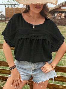 SHEIN LUNE 大碼圓點蕾絲拼接蝙蝠袖襯衫 - 黑色 - 查看 5