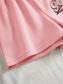 INAWLY Letter Graphic Zip Up Drawstring Thermal Lined Hoodie & Shorts - Baby Pink - View 3