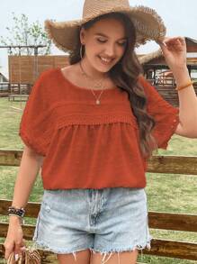 SHEIN LUNE 大碼圓點蝙蝠袖襯衫 - 紅木色 - 查看 4