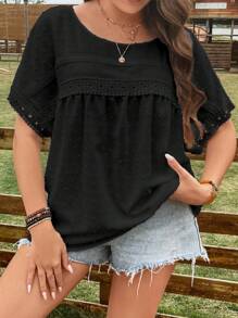 SHEIN LUNE 大碼圓點蕾絲拼接蝙蝠袖襯衫 - 黑色 - 查看 6